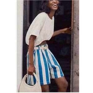 Anthropologie Maeve‎ Parasol Stripe Dad Shorts Blue High Rise Pleated Denim 4